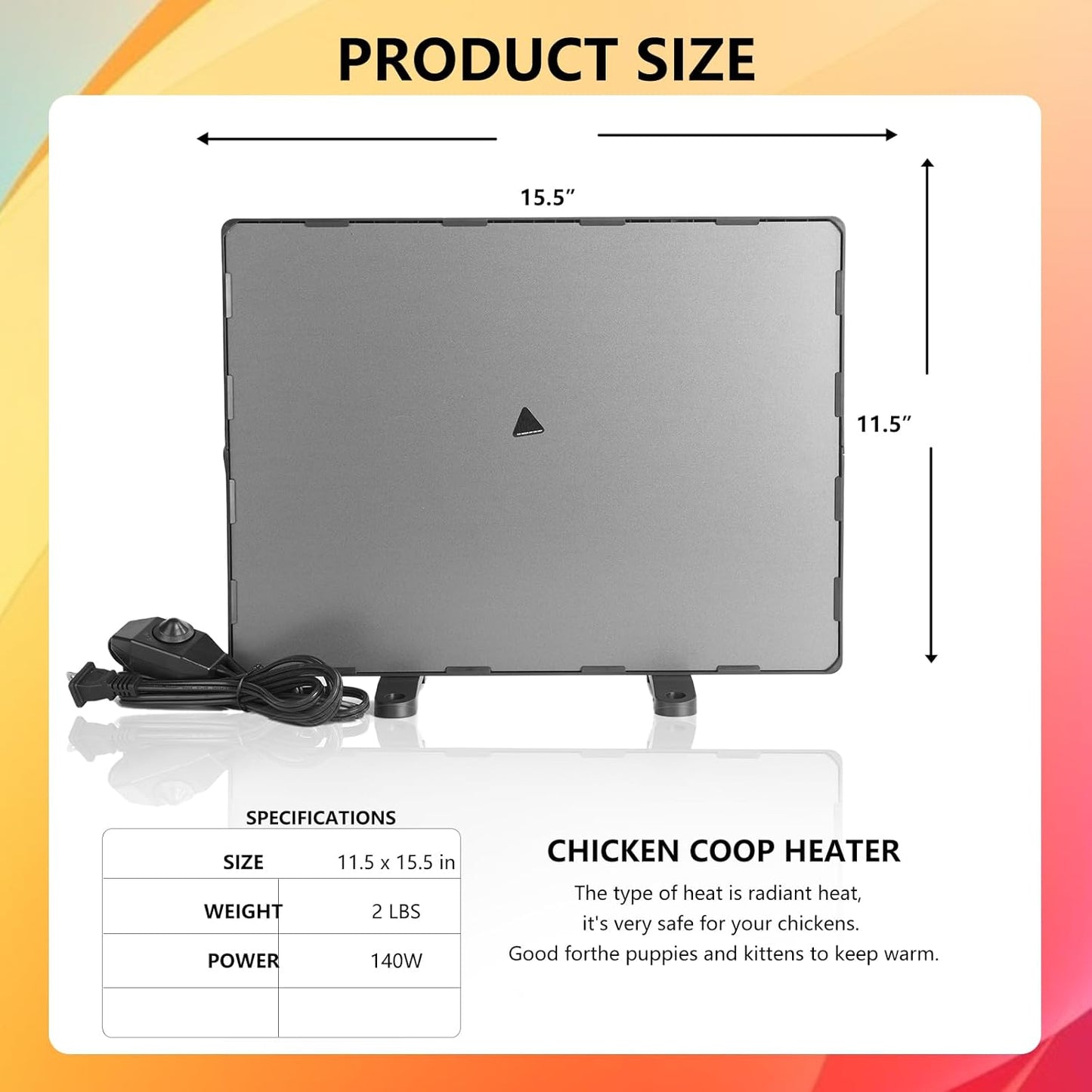 Large Chicken Coop Heater - Automatic Overheat Shutoff - 140W 150–190°F